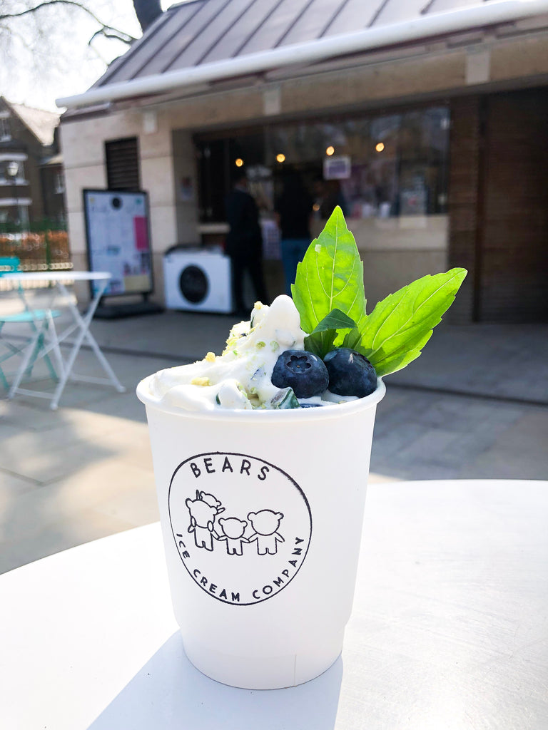 Bears Ice Cream tub of soft serve with blueberries and mint