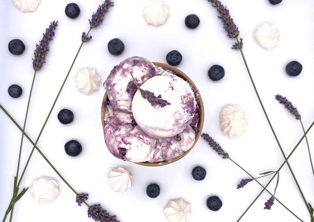 Bears Ice Cream, lavender, blueberry scoop ice cream