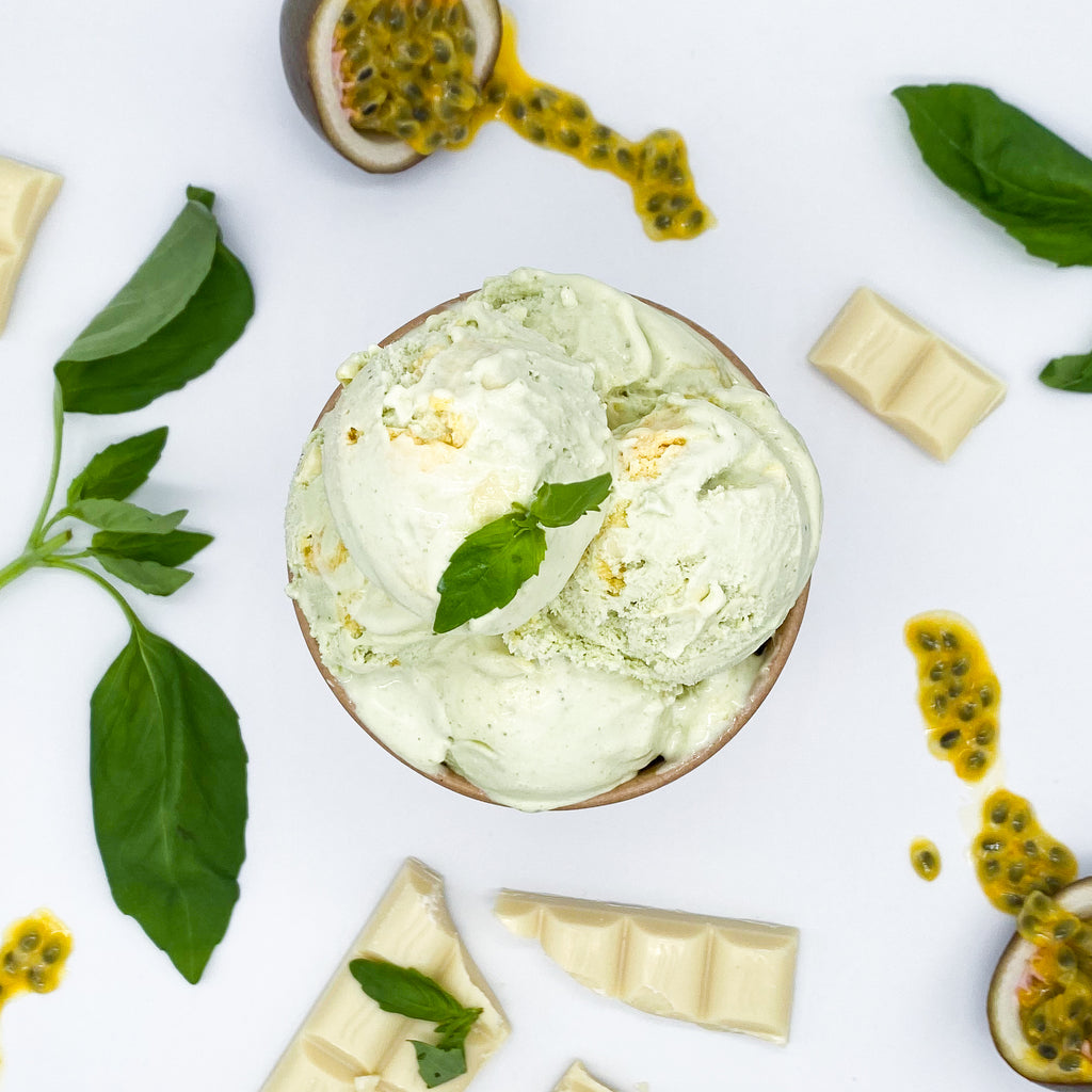 Bears Ice Cream, basil, white chocolate and passionfruit scoop ice cream