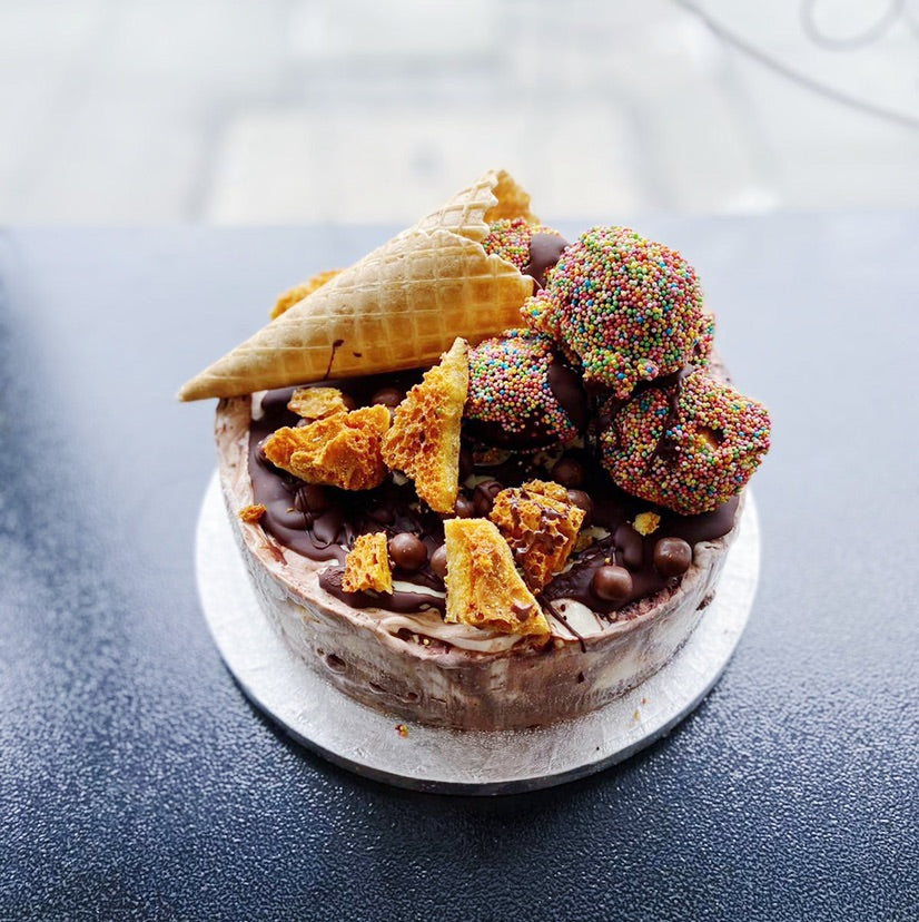 Bears Epic Ice Cream Cake, chocolate, honeycomb and waffle cones on countertop