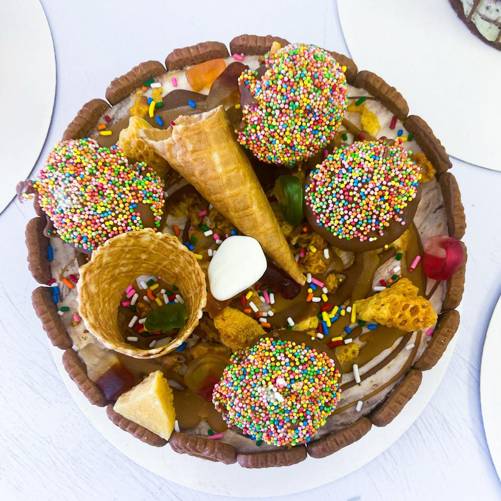 Top view ofBears Epic Ice Cream Cake, chocolate, honeycomb and waffle cones