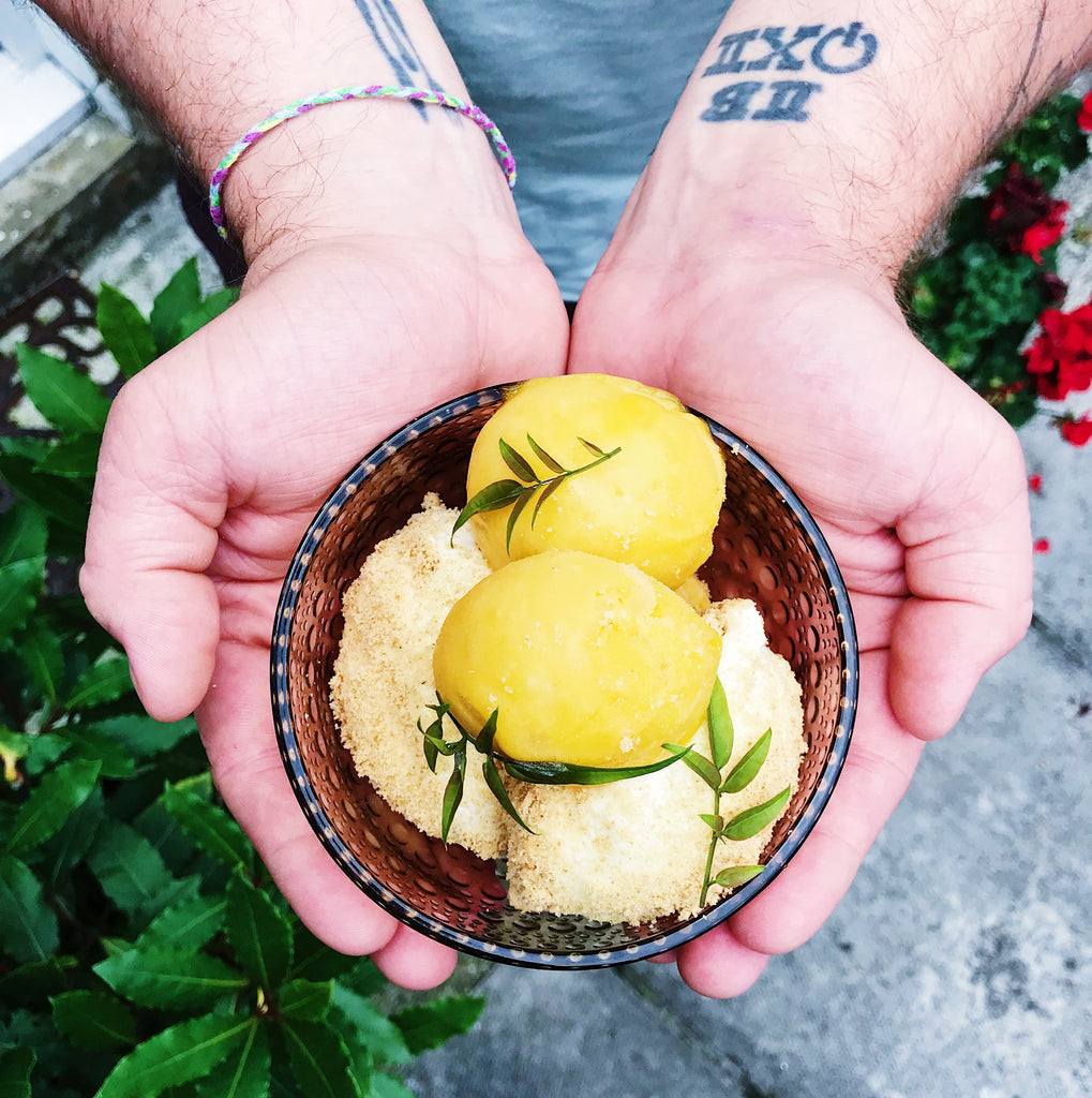 mango and jasmine tea sorbet in a glass dish